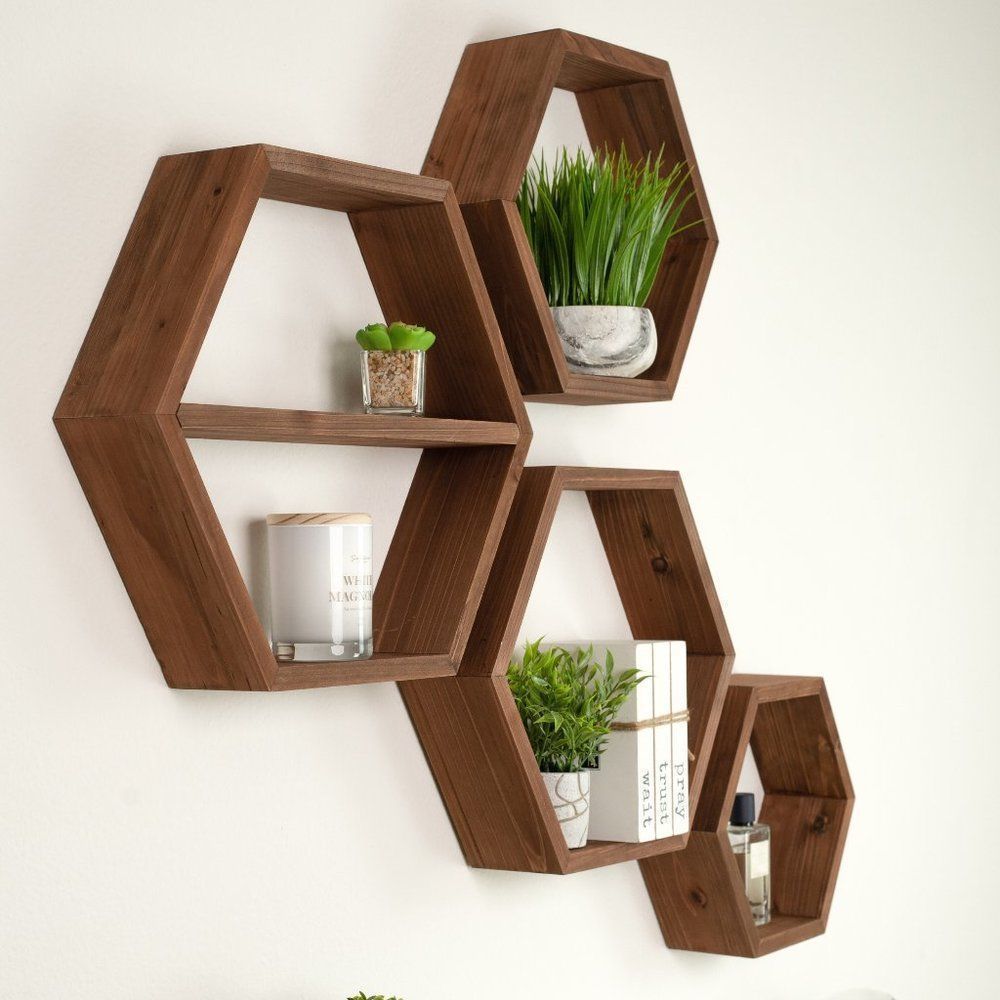 COPY - Floating Shelves - Brown Wooden Hexagon Shelves Set of 4 - wall decor fa…